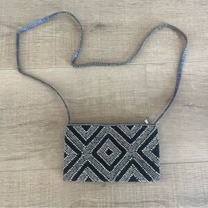 Beaded Silver Black Evening Prom Shoulder Crossbody Bag Lined Long Strap Zip 8x4